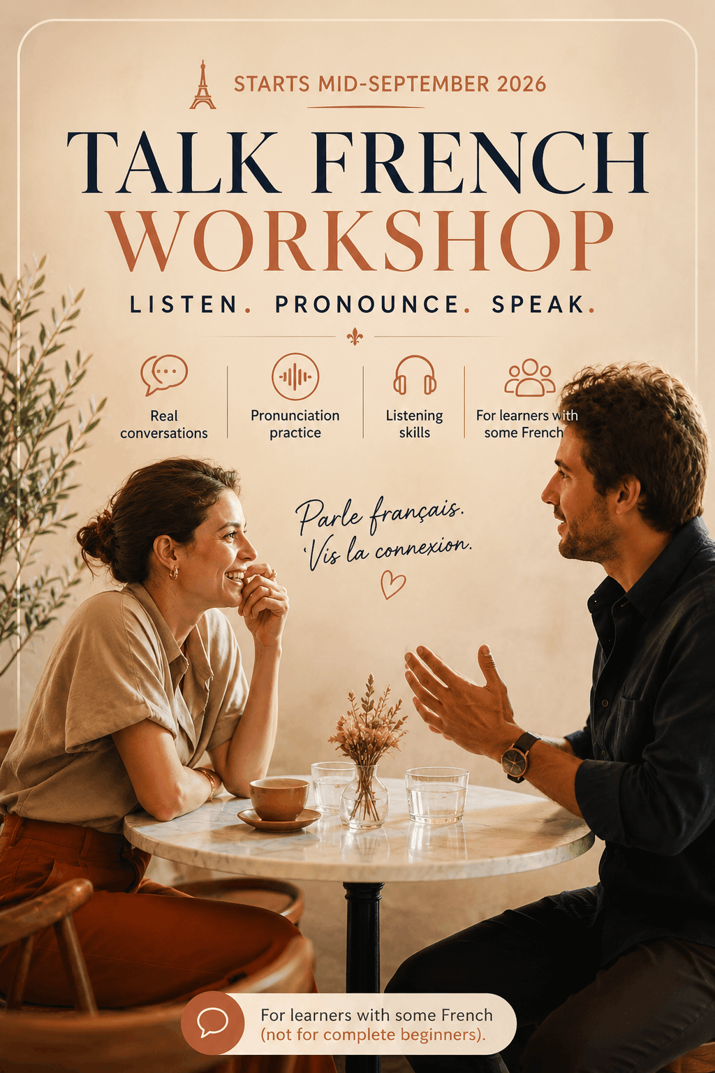 Talk French Workshop poster — two adults in relaxed French conversation across a small café table